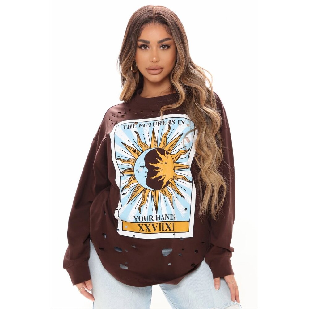 Fashion Nova ✦ Future In Your Hands Tarot Top ✦ Brown Distressed Oversized Tunic - Picture 4 of 10
